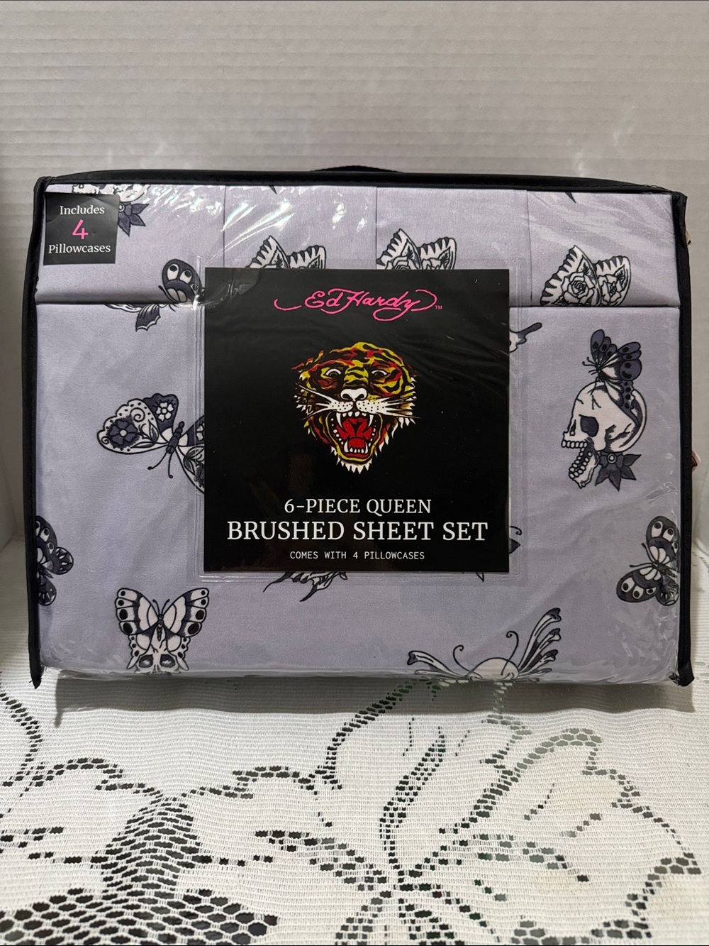 Ed Hardy Queen Size Lavender Purple 6 Piece Bed Sheet Set Butterfly Skull Floral